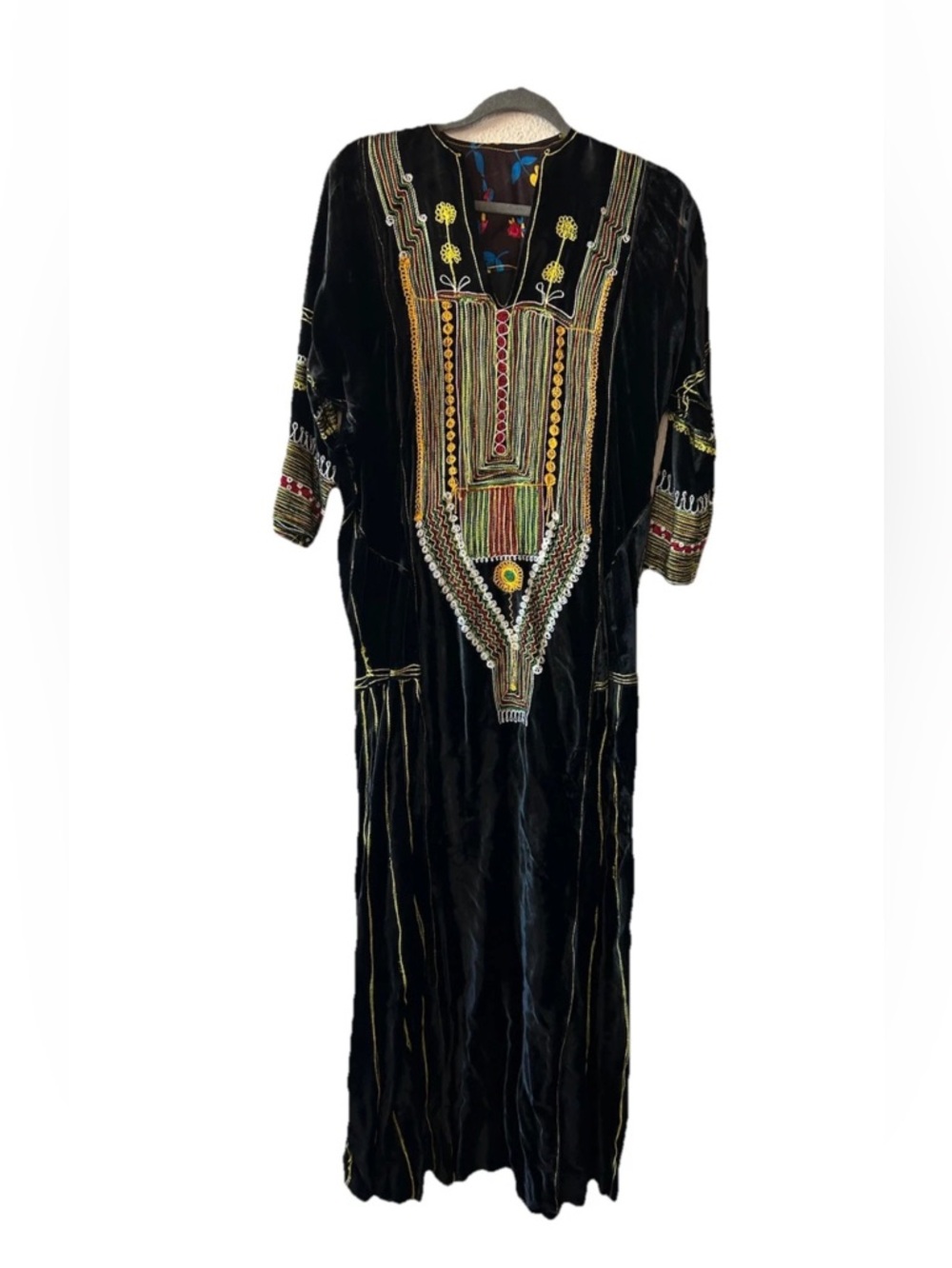 Vintage Velvet Embroidered Caftan Maxi Dress Bohemian Afghan M/L Festival